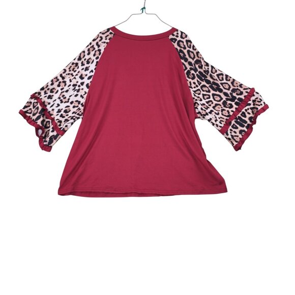 Women’s Red Leopard Print Bell Sleeve Top 5XL 100% Polyester Loose Fit - Picture 2 of 6